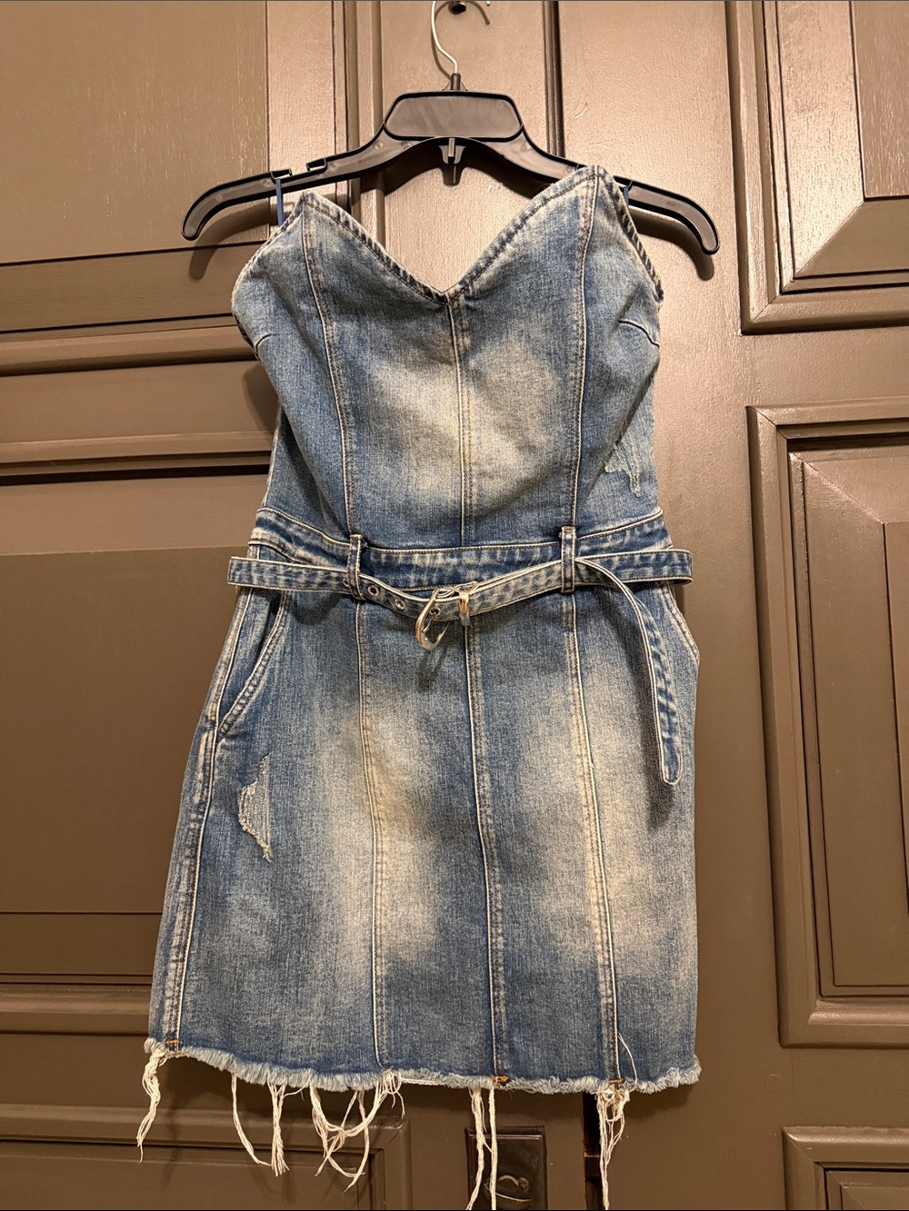 Olivaceous Blue Denim Strapless Mini Dress